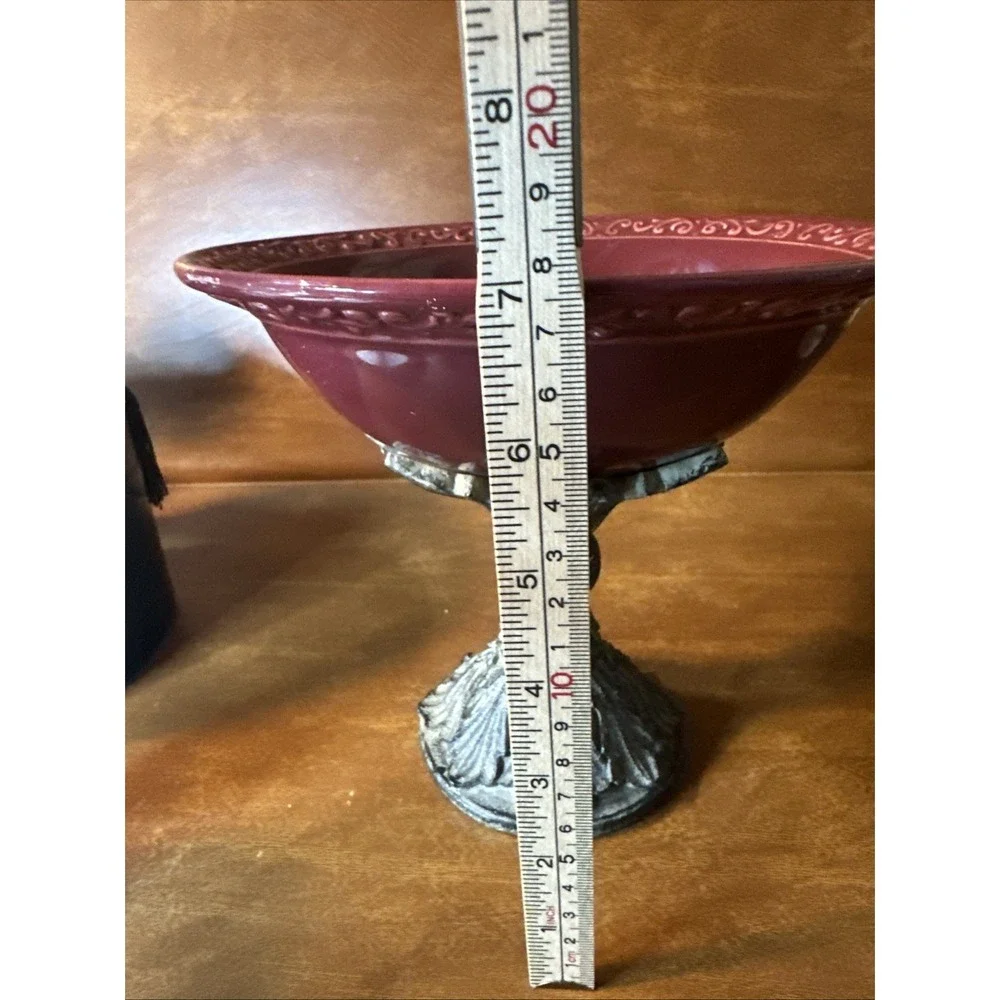 Drake Design Pedestal Bowl Compote Tuscan Scroll Fleur De Lis Oxblood Red
